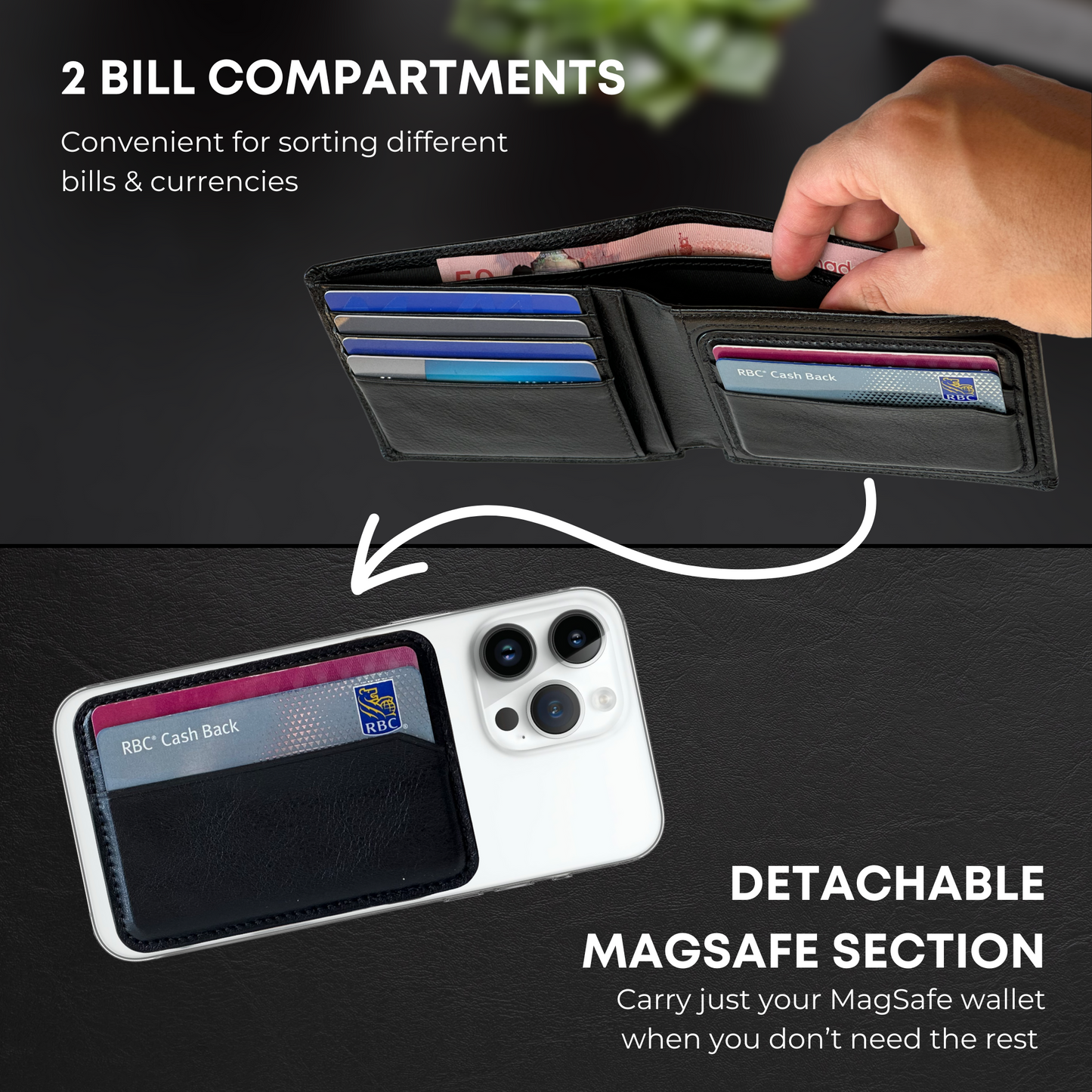 2 in 1 Bifold Wallet with Detachable MagSafe Wallet - Full-grain Leather