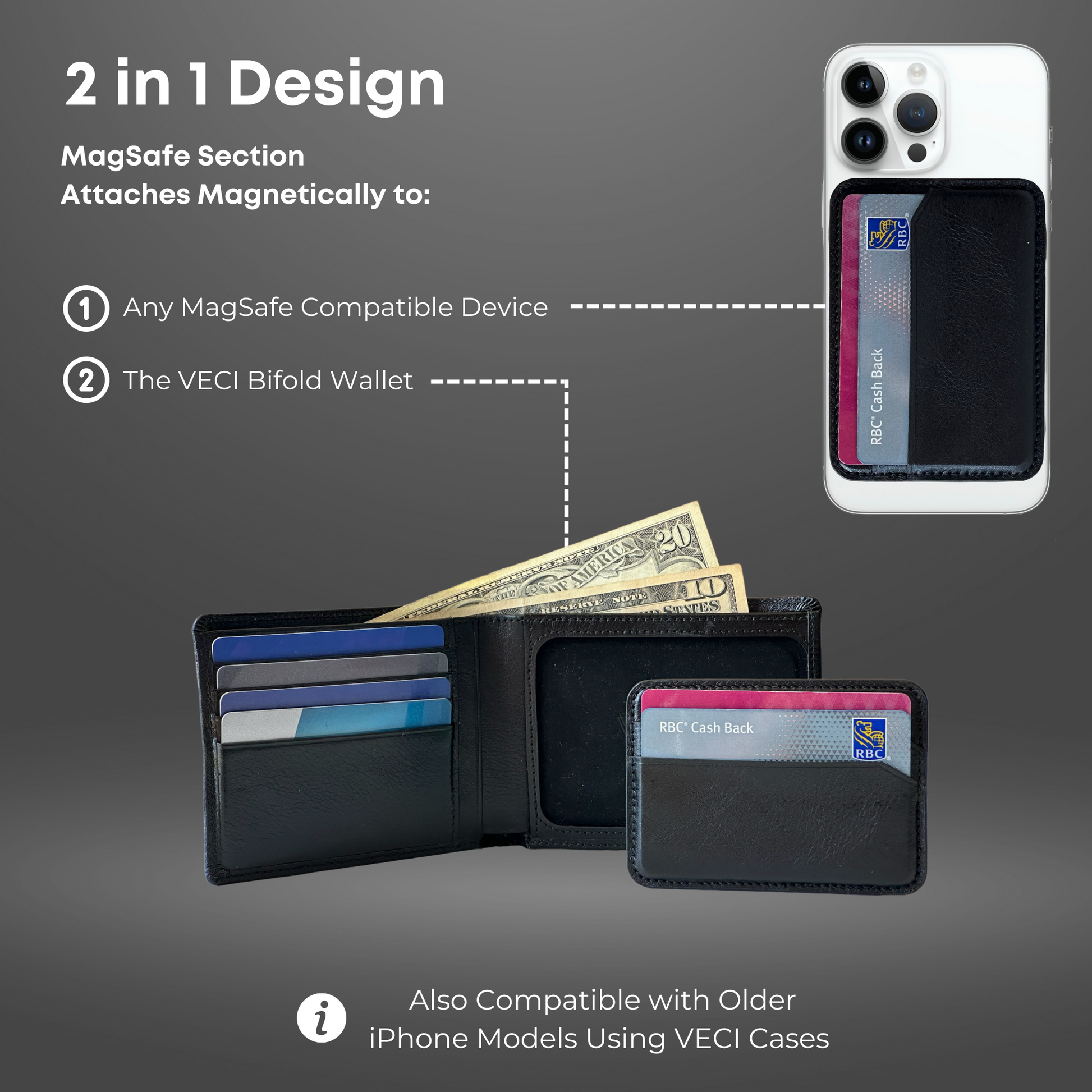 2 in 1 Bifold Wallet with Detachable MagSafe Wallet - Full-grain Leather